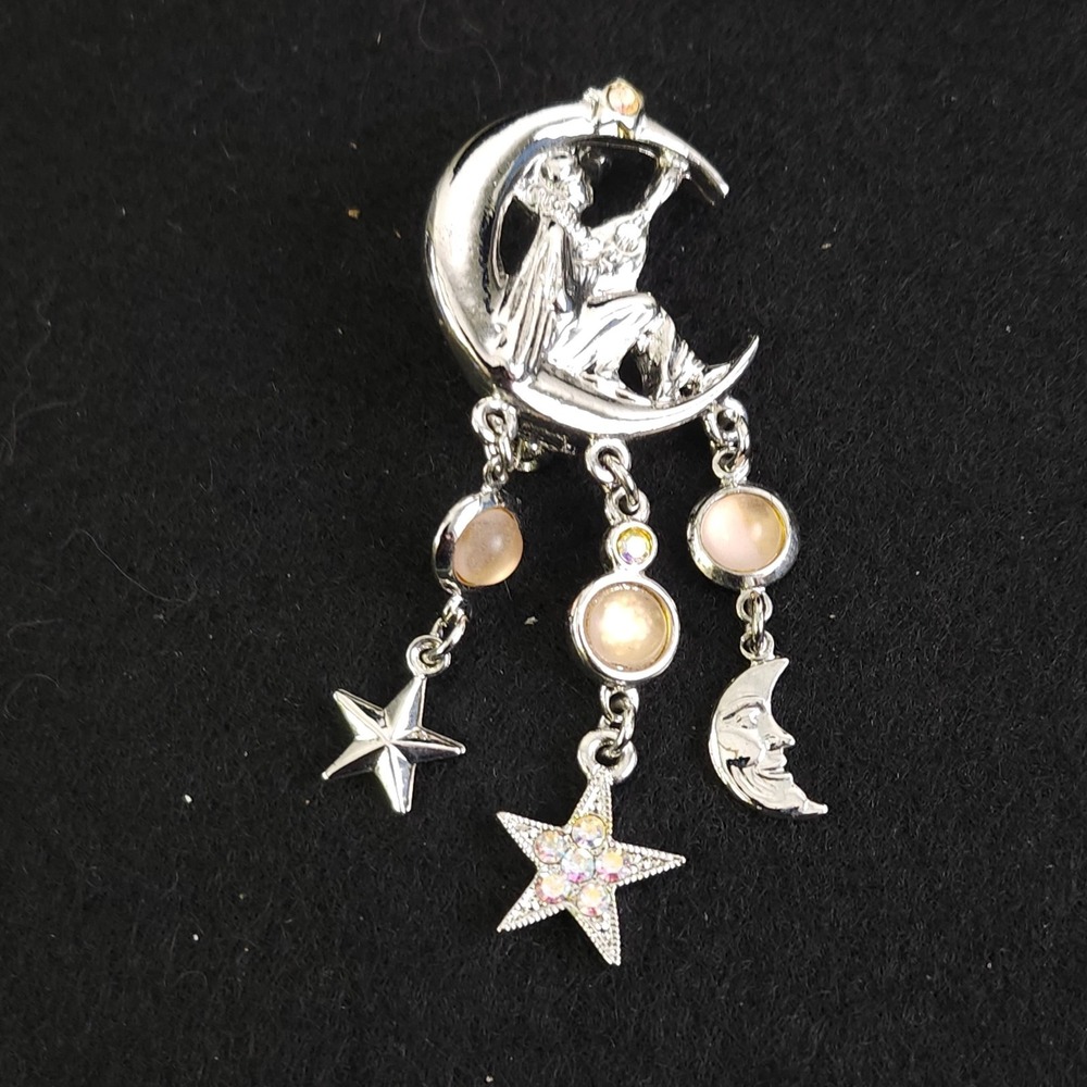 Silver Tone Vintage Angel Lute Player Stars Moons‎ Jewelry Pin Brooch Pendant